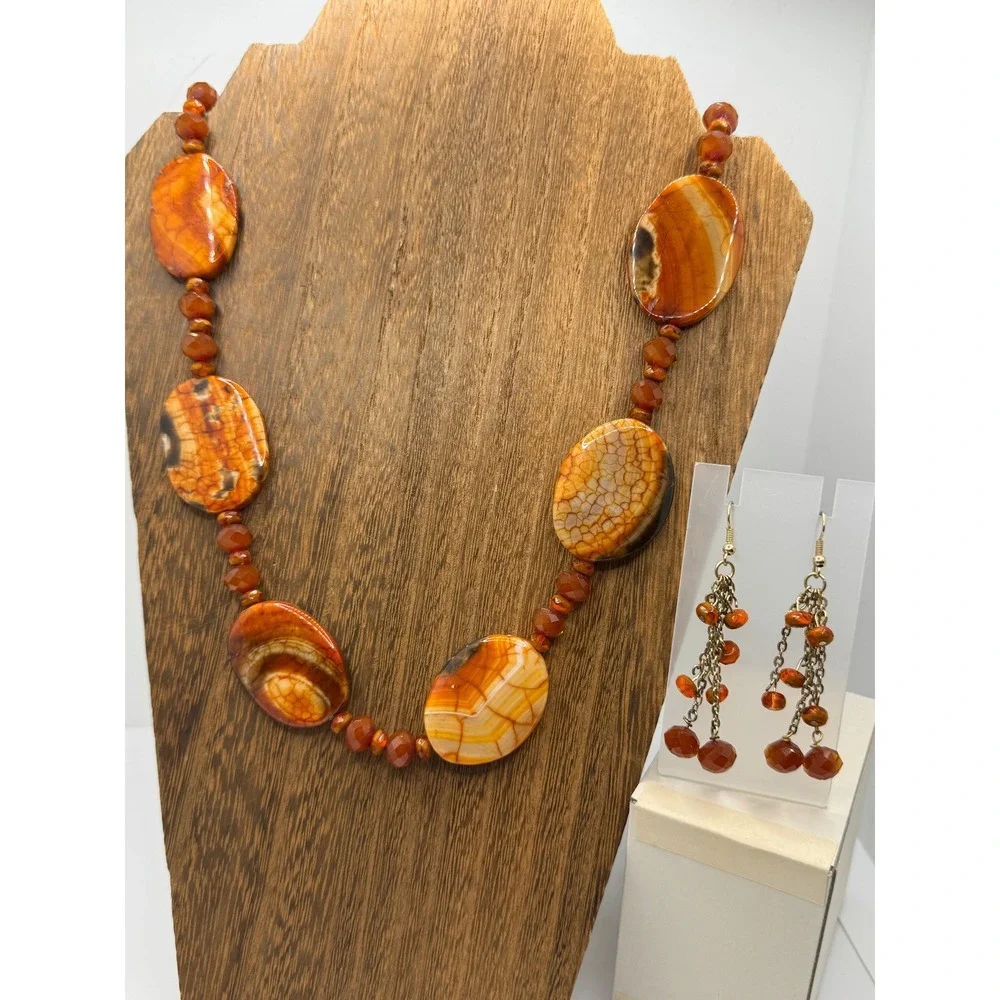 Fire Agate Chunky Beaded Necklace and Dangle Earrings Set Orange Brown Boho